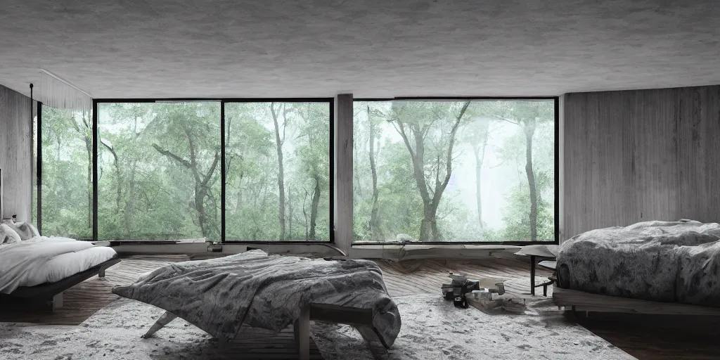 Prompt: a view inside modern bedroom in the middle of a raining forest with river, unreal 5, hyperrealistic, realistic, photorealistic, dynamic lighting, highly detailed, cinematic landscape, studio landscape, studio lighting