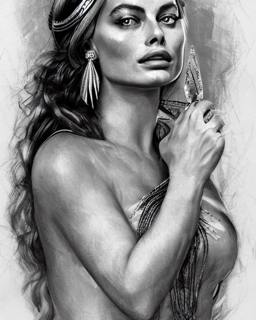 Image similar to realism tattoo sketch of margot robbie as a beautiful greek goddess aphrodite with piercing eyes wearing a laurel wreath and triangle earrings, in the style of greg rutkowski, amazing detail