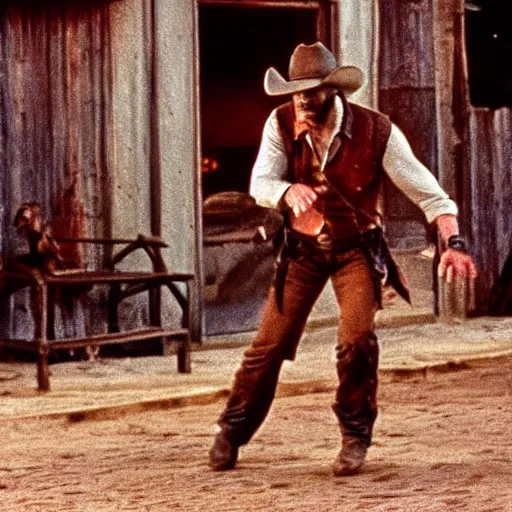 Prompt: velociraptor as a cowboy in a wild west town, still from a movie, 3 5 mm film, grainy, evocative, atmospheric lighting, intricate, highly detailed, sharp focus, cinematic, masterpiece, taken by sergio leone and john ford