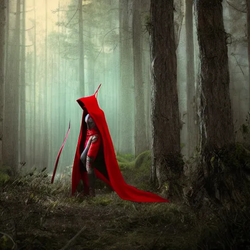 Image similar to cinematic, fierce red riding hood warrior standing in a dark forest holding a sword in the air, dark, 4k, artstation, highly rendered, octane render, beautiful, inspired by Peter Morhbacher, high resolution