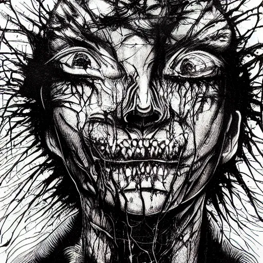Prompt: increasingly scary and creepy psychedelic horror art by godmachine dzo olivier scott fischer yoji shinkawa shintaro kago junji ito esoteric hypnogogic hyperviolence hyperrealism realistical michaelangelo creatures of madness