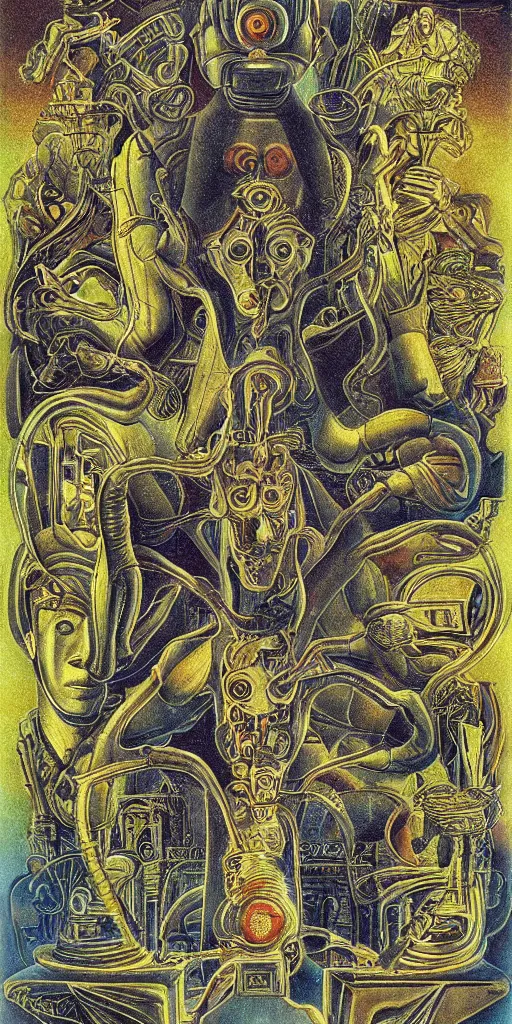 Prompt: ancient cybernetic hologram god, basil wolverton, high detail, studio ghibli, mc escher, picasso, dali, muted colors, cubism, god rays, sense of awe and scale, intricate geometry, gold flakes, rainbow calcite