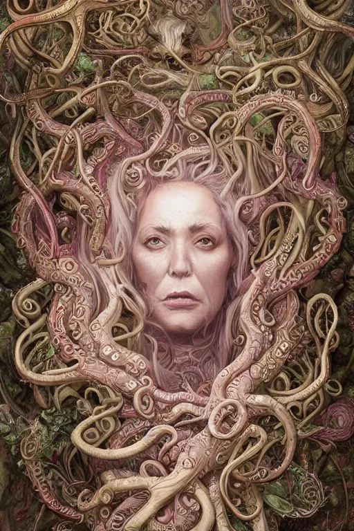 Prompt: centered beautiful detailed side view profile portrait of a insane, crazed, mad elderly woman, ornate tentacles growing around, ornamentation, thorns, vines, tentacles, elegant, beautifully soft lit, full frame, by wayne barlowe, peter mohrbacher, kelly mckernan, h r giger