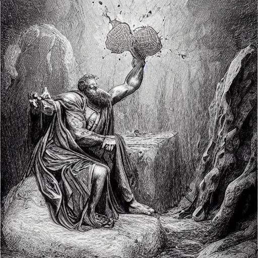 Image similar to God of forging and fire hephaistus creating the first artificial neural network in his volcanic laboratory, hephaistos has a beard and a red cape and is very strong, cinematic lighting, dark background, gustave dore painting