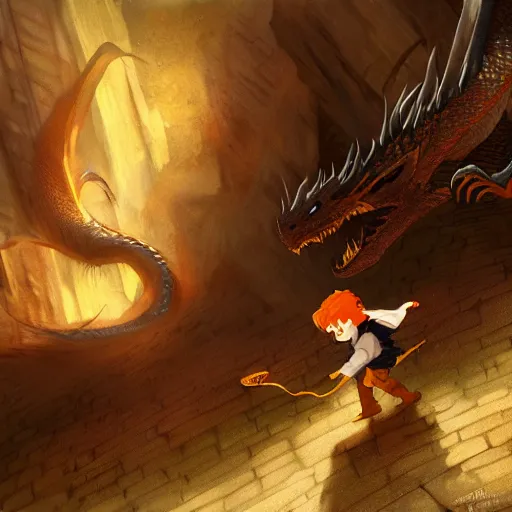 Image similar to bilbo baggins stealing gold from the dragon smaug, highly detailed, digital painting, concept art, sharp focus, by makoto shinkai