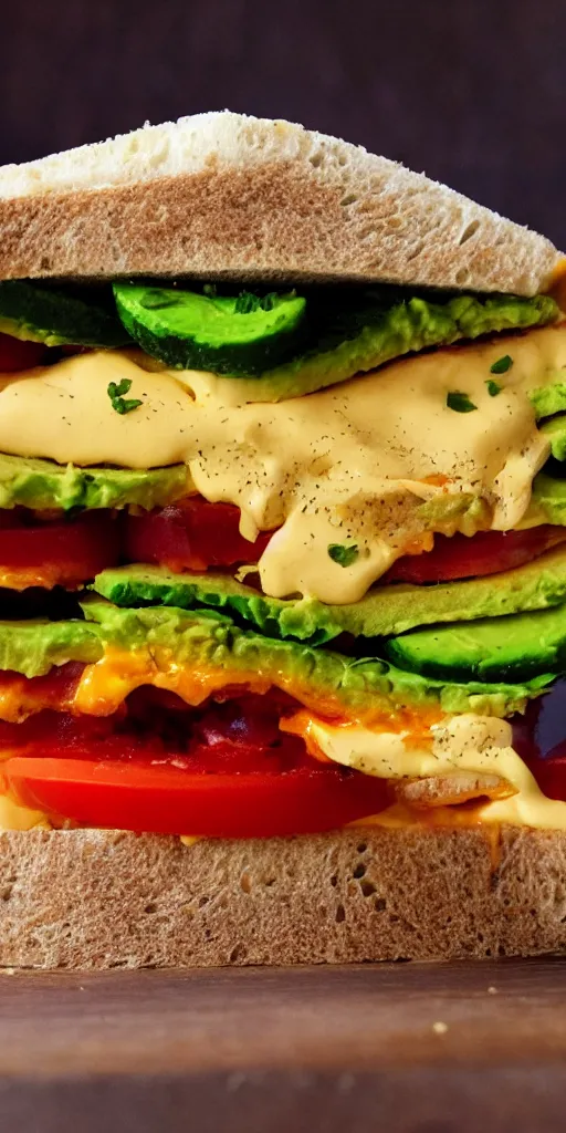 Image similar to giant sandwich with fried tofu, one red tomato slice, mayo, onion, avocado, melted cheddar, red dish, background : jupiter and stars in the sky