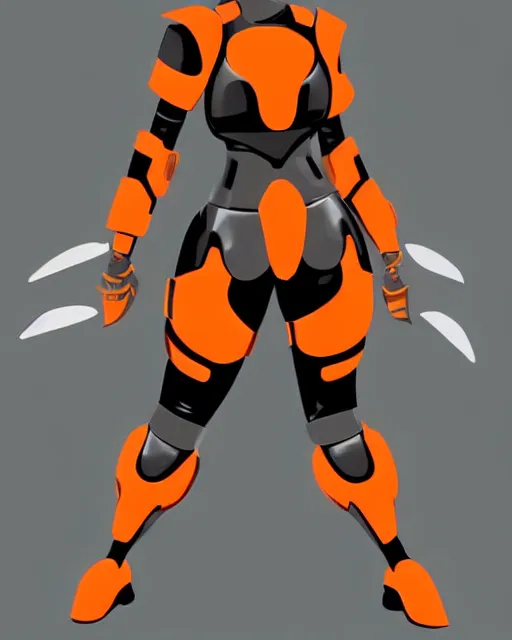 Image similar to concept art of a thicc female futurstic warrior, wearing a futuristic helmet, futurstic smooth slim fitted armor, sleek design, aerodynamic design, holding a large futurstic robotic bow, full body image, white and grey and orange gradient | | epic - fine - clean, polished, trending on artstation, brush strokes