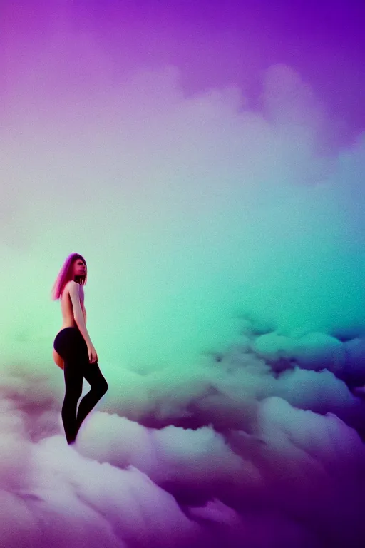 Image similar to high quality pastel coloured film close up wide angle photograph of a model wearing clothing swimming on cloud furniture in a icelandic black rock!! environment in a partially haze filled dreamstate world. three point light, rainbow. photographic production. art directed. pastel colours. volumetric clouds. pastel gradient overlay. waves glitch artefacts. extreme facial clarity. 8 k. filmic.