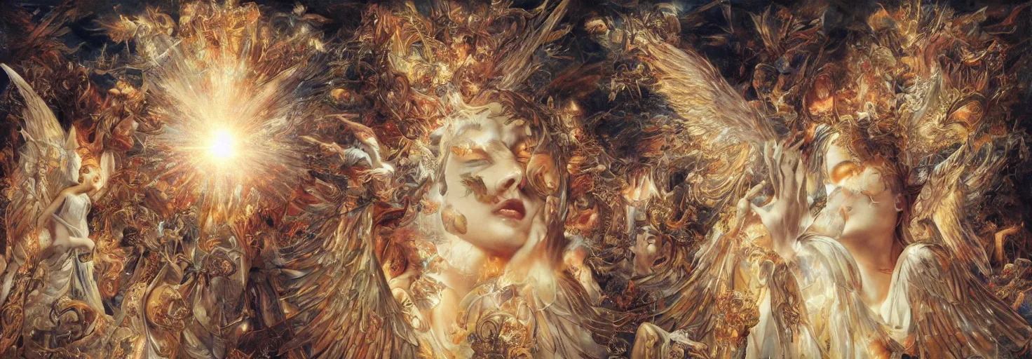 Image similar to thousands of angels on their knees worshiping a light, shining lights, god rays by by Karol Bak, Ayami Kojima, Amano and Olivier Ledroit