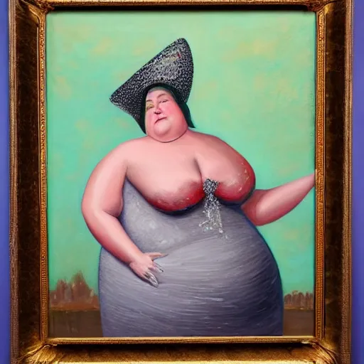 Prompt: Oil painting of a fat woman posing in a diamond dress and extravagant hat