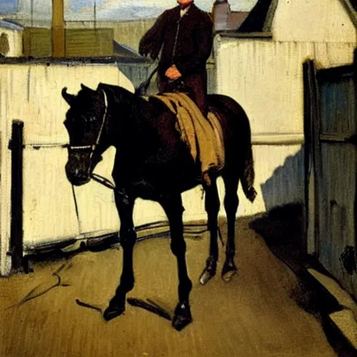 Image similar to painting of a man on a horse in a Dublin alleyway, painted by George Bellows, 1905