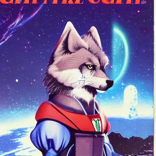 Image similar to 1 9 8 0 s video game art of anthropomorphic wolf o'donnell from starfox fursona furry wolf in a space cadet uniform, looking heroic, magazine scan, 8 0 s game box art, wolf o'donnell