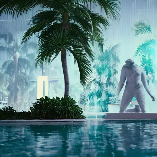 Image similar to a broken statue in a surreal underground white tiled swimming pool surrounded by neon lights and palm trees in vapor wave style, 3D octane render, hyperrealistic, dramatic lighting, unreal engine, houdini, 8k, 4k, raytracing