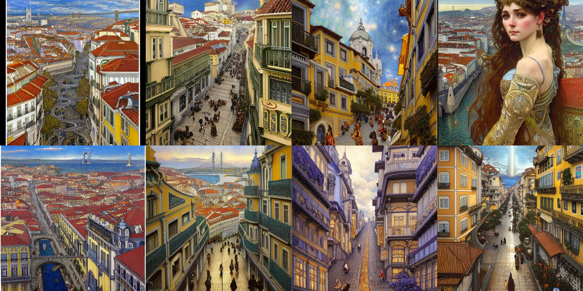 Prompt: The City of Lisbon very highly detailed drawn by Donato Giancola and Tom Bagshaw, very highly detailed streets by Artgerm, very highly detailed overall design by Alphonse Mucha, very highly detailed background by James Jean and Gustav Klimt, light by Julie Bell, 4k, very highly detailed accurate roads, komorebi, french nouveau, trending on artstation, octane render, hyperrealistic, intricate, elegant