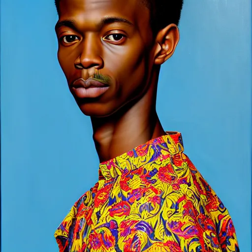 Prompt: A portrait of a scrawny stylish and alluring non-binary person, oil painting by Kehinde Wiley, majestic, detailed, high resolution