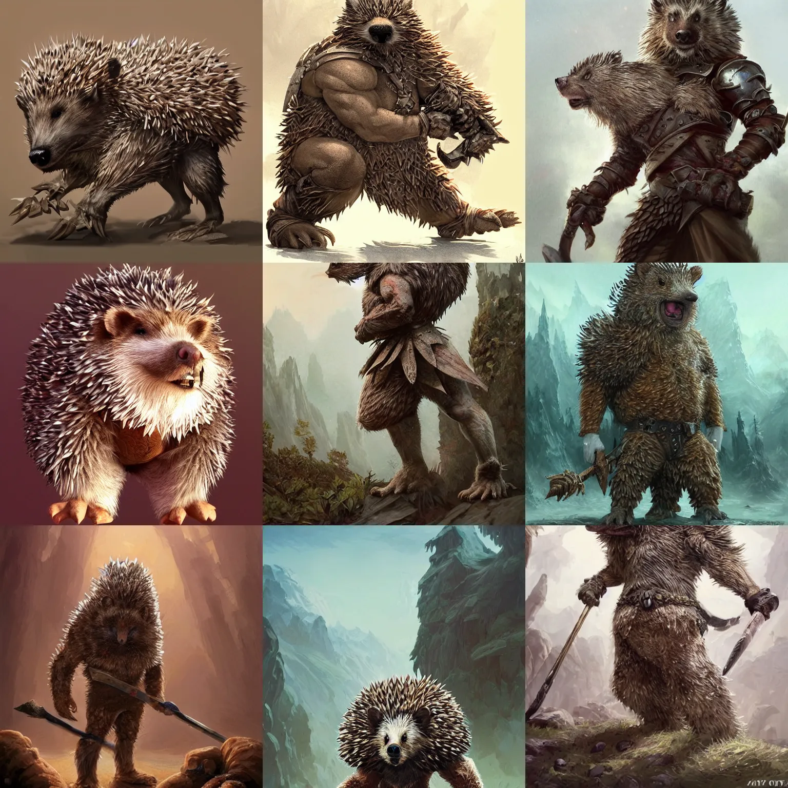 Prompt: anthropomorphic rugged hedgehog!!! with furry!! massive barbarian muscular armored upper body long hair, 👅 👅 , D&D, fantasy, intricate, elegant, highly detailed, digital painting, artstation, concept art, smooth, sharp focus, illustration, art by artgerm and beeple and greg rutkowski and alphonse mucha