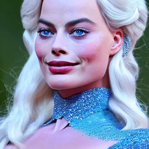 Image similar to Margot Robbie as Elsa in disney frozen live action, 8k full HD photo, cinematic lighting, anatomically correct, oscar award winning, action filled, correct eye placement,