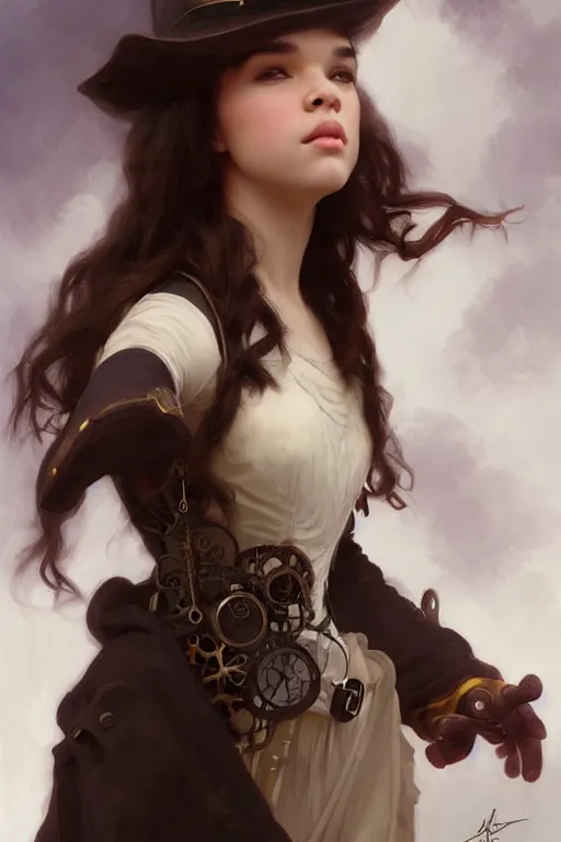 Image similar to hailee steinfeld as a steampunk woman with pale ski, intricate, elegant, digital painting, concept art, smooth, sharp focus, illustration, by ruan jia and mandy jurgens and william - adolphe bouguereau, artgerm