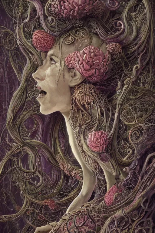 Image similar to centered beautiful detailed side view profile portrait of a insane, crazed, mad elderly woman, ornate tentacles growing around, ornamentation, thorns, vines, tentacles, elegant, beautifully soft lit, full frame, by wayne barlowe, peter mohrbacher, kelly mckernan, h r giger