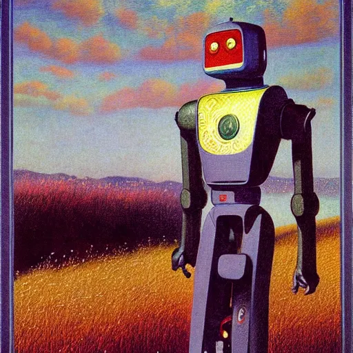 Image similar to A colorful, detailed print - A portrait of a robot standing in a field. by Arnold Bocklin and Barclay Shaw, masterful print. 4k, unreal engine stunning Art Nouveau