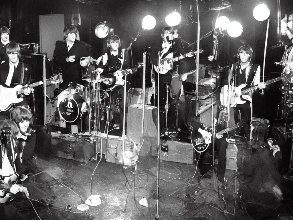 Prompt: watching the beatles play at the star club in hamburg in a smoky atmosphere full of drunks and low light