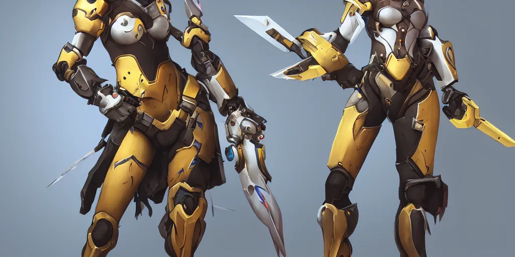 Image similar to a hyper realistic image of a female warrior wearing overwatch armor, tracer, mercy from overwatch, concept art, concept armor, artstation