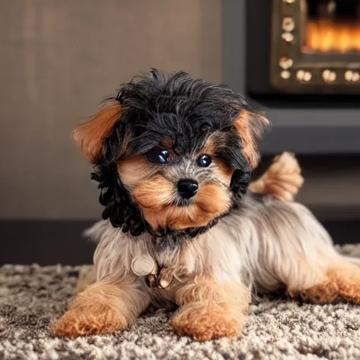 Image similar to octane render of a yorki-poo puppy sitting on a rug in a fancy living room, 8k, ultra intricate, ultra detailed,