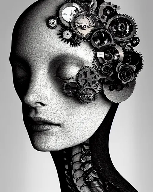 Image similar to black and white dreamy foggy smoky profile face portrait, one silver steampunk eye biomechanical beautiful young female cyclope - cyborg - robot bust, body ribs meshes,, volumetric light, hibiscus flowers, by hg giger, rim light, by dora maar and cecile beaton, big gothic fashion pearl embroidered collar, 8 k