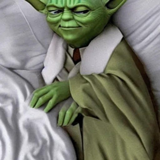 Image similar to putin sleeping in bed next to yoda