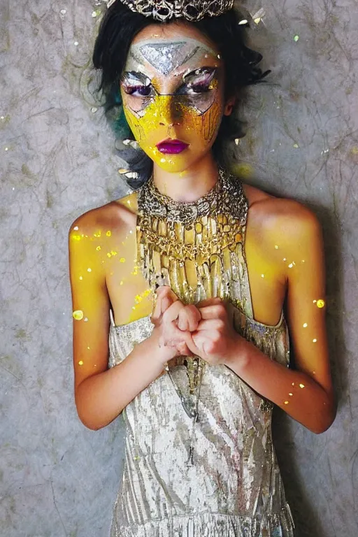 Prompt: light bohemian pinterest teen floral fantasy fashion zine photography, teen magical girl girl styled in a yellow and silver patterned bright dress layers geometric festival face paint and ornate crystal chain jewelry headpiece, elaborate enchanted ritual scene, wide shot