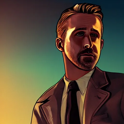 Prompt: Ryan Gosling character in Disco elysium game, HD , 4K, volume light, sharp focus, cinematic composition, dramatic pose, hyper detailed,