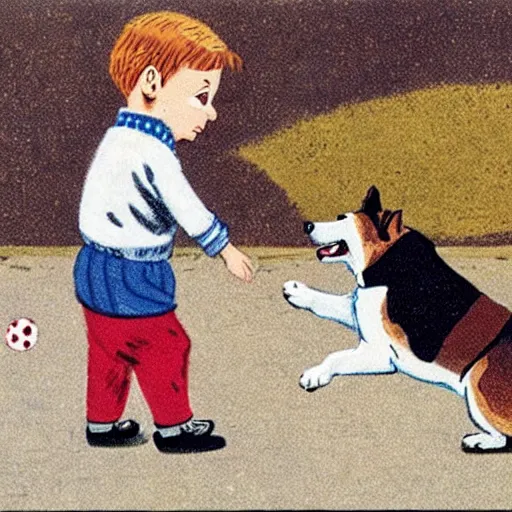 Image similar to book illustration of a french boy on the streets of paris playing football against a corgi, the dog is wearing a polka dot scarf, 1 9 6 6