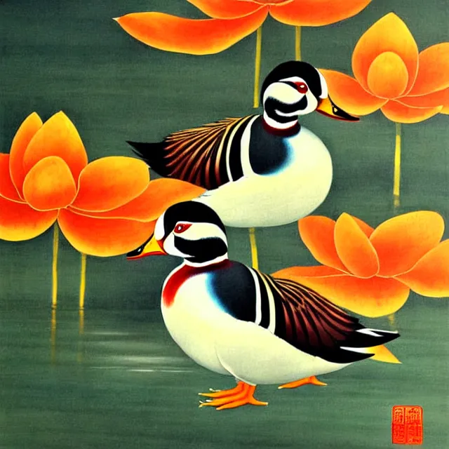 Image similar to a beautiful painting the mandarin duck in the lotus, by zhang daqian painting