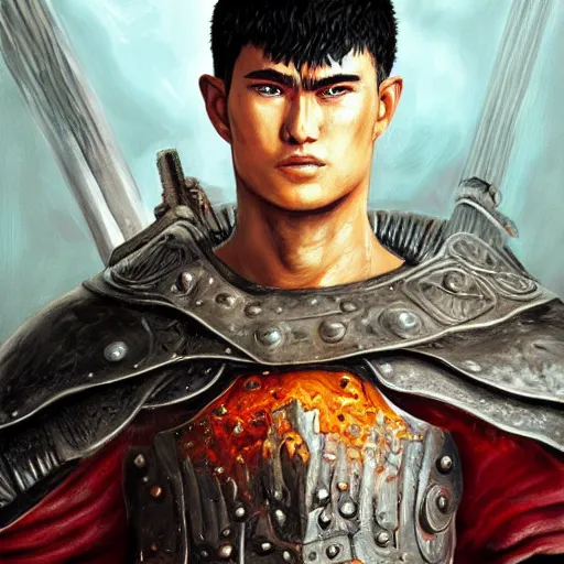 Image similar to oil painting portrait of guts from berserk extremely detailed, made by wlop and maxwell boas