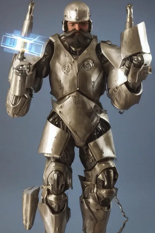 Prompt: bearded man in sleek mech armor and holding an energy sword. highly detailed, intricate. hyper realistic.