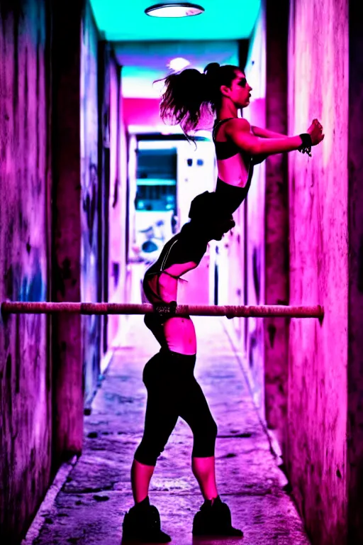 Prompt: buenos aires argentina cyberpunk strong girl, gymnast, sci - fi night neon lights