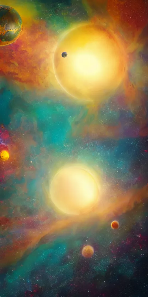 Image similar to a detailed matte painting of a marble - like water planet with continents orbiting a yellow sun in a sea of stars surrounded by colorful swirling gas clouds, by petros afshar, trending on artstation, deviantart, planet, clouds, earth, exoplanet, stars, nubulae hubble, 8 k, 4 k