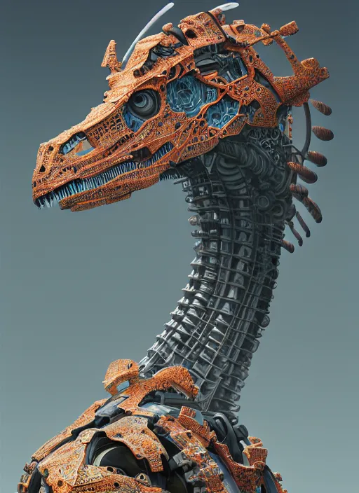 Image similar to symmetry!! portrait of a hybrid robot dinosaur, floral! horizon zero dawn machine, intricate, elegant, highly detailed, ray tracing, digital painting, artstation, concept art, smooth, sharp focus, illustration, art by artgerm and greg rutkowski and alphonse mucha, 8 k