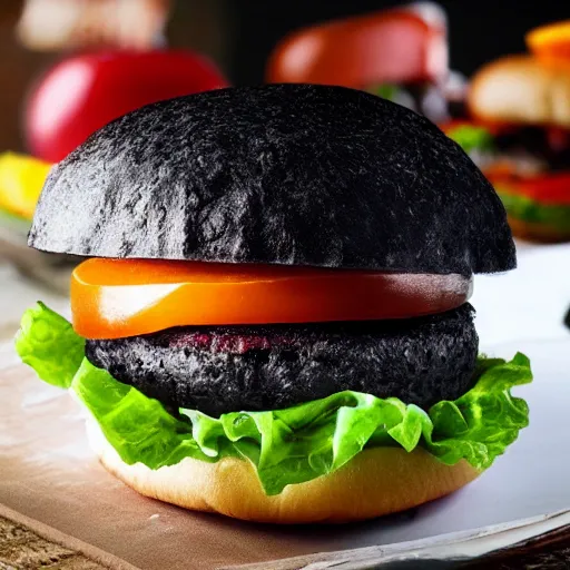 Prompt: a black hamburger, photo