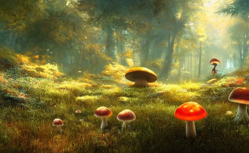 Image similar to a glowing mushroom in a magical forest, painting by craig mullins, octane rendering, soft morning lighting, wide angle lens, in the style of hayao miyazaki, trending on artstation,