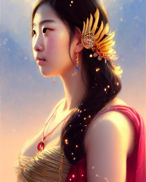 Image similar to a beautiful taiwan goddess with sundress with jewelry | | winter, realistic shaded, unpleasant face, good looking, fine details, realistic shaded lighting poster by greg rutkowski, magali villeneuve, artgerm, jeremy lipkin and michael garmash and rob rey