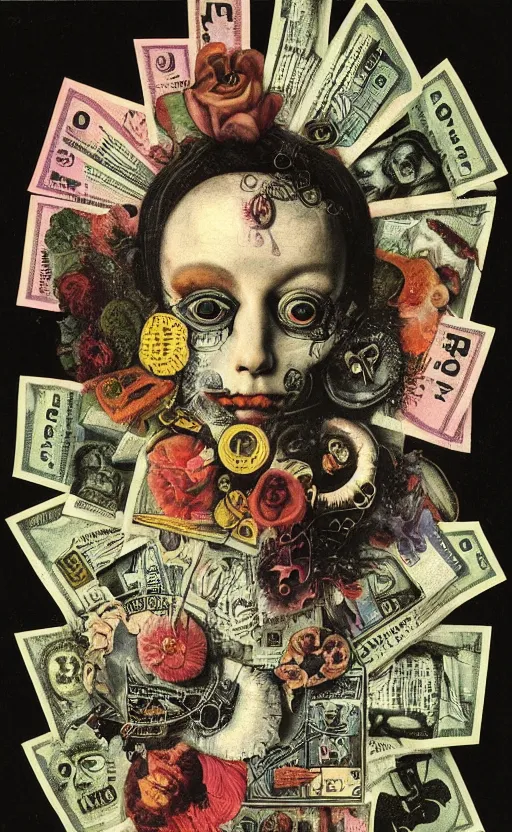 Image similar to post - punk new age album cover, asymmetrical design, dollar bank notes, capitalism, magic, apocalypse, psychedelic, black white pink, magic, giger h. r., giuseppe arcimboldo