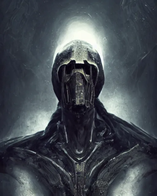 Image similar to a dark sci fi portrait of a dementor with bone white skin wearing armor made of sci fi metal, cinematic lighting, high contrast color scheme, high detail, dark fantasy, unreal engine, octane render, by vitaly bulgarov artstation, golden rule, metal with chipped paint texture, fog volumes, vivid color glow, post processing, cgsociety