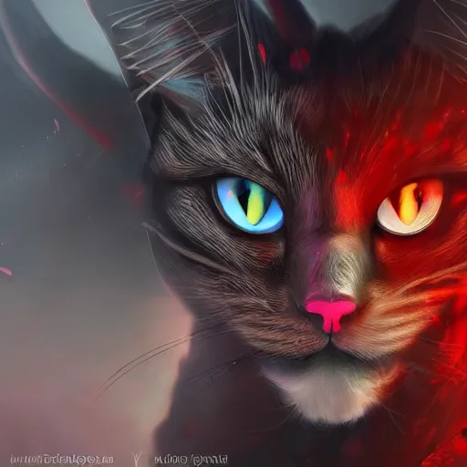 Prompt: fantasy devil cat with red eyes and smoke, high detail, digital art, beautiful , concept art,fantasy art, 4k