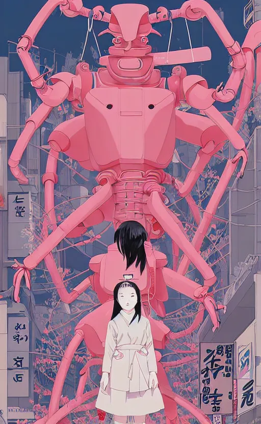 Image similar to Artwork by James Jean, Phil noto and hiyao Miyazaki ; a young Japanese future samurai police girl named Yoshimi battles an enormous looming evil natured carnivorous pink robot on the streets of Tokyo; Japanese shops and neon signage; crowds of people running; Art work by hiyao Miyazaki, Phil noto and James Jean