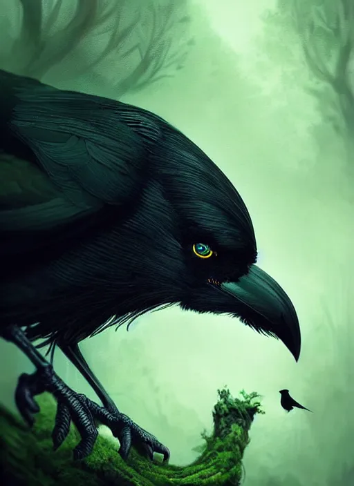 Image similar to side portrait dark crow (animal), close-up, fantasy forest landscape, moonshine, fantasy magic, nice black feather, proud, green dark light night, intricate, elegant, sharp focus, illustration, highly detailed, digital painting, concept art, matte, art by WLOP and Artgerm and Greg Rutkowski and Eddie Mendoza, masterpiece