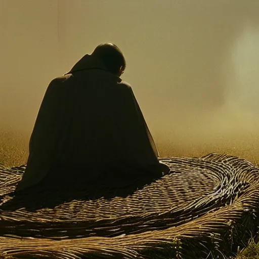 Image similar to a priest sleeping against a twisting wicker coffin, foggy, sun rays, cinematic shot, photo still from movie by denis villeneuve, wayne barlowe