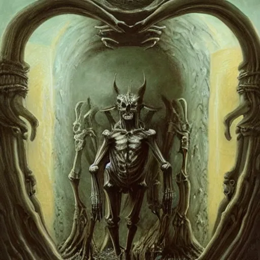 Image similar to In the center of the painting is a large gateway that seems to lead into abyss of darkness. On either side of the gateway are two figures, one a demon-like creature, the other a skeletal figure. by Mark Ryden, by Briton Rivière elaborate