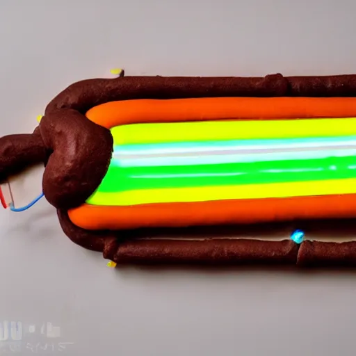 Prompt: an extremely high quality photo of a surreal neon-lightsaber-sandwich, the polymer clay neon tube ((sandwich)) creation, a hybrid mixture of sandwichlightsaberneons and lightsaber neon sign fillings, neon tubes drizzled on top, lightsaber filling, promotional photo, 4k polymer clay food photography