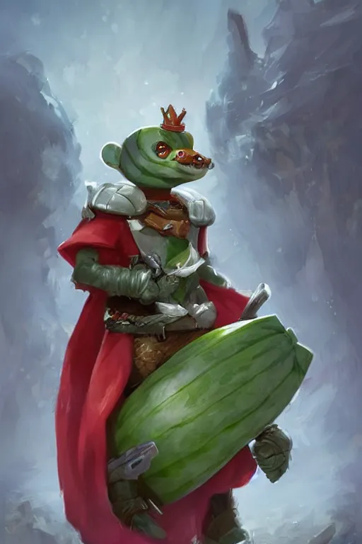 Image similar to cute anthropomorphic watermelon knight wearing a cape and a crown and holding a sniper, tiny, small, miniature bear, baby animal, short, pale blue armor, cute and adorable, pretty, beautiful, DnD character art portrait, matte fantasy painting, DeviantArt Artstation, by Jason Felix by Steve Argyle by Tyler Jacobson by Peter Mohrbacher, cinematic lighting